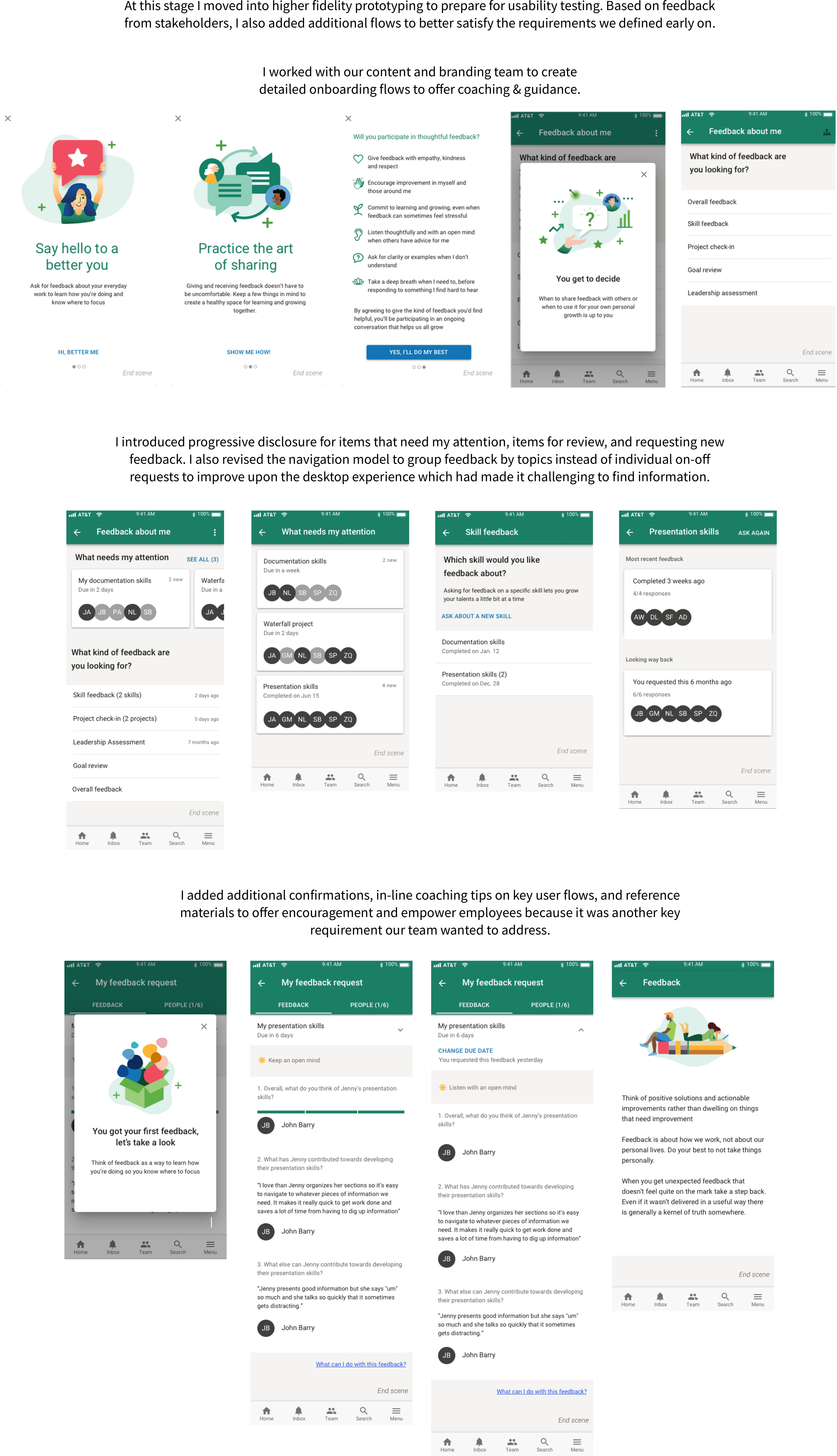 mockups for the following flows 1) onboarding 2) progressive disclosure 3) confirmations & encouragement